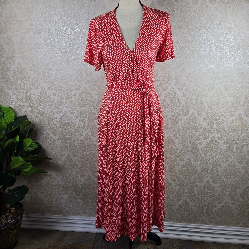 Boden Size 4R Red/Orange White Polka Dots Wrap Dress Vneck Pockets Short Sleeves